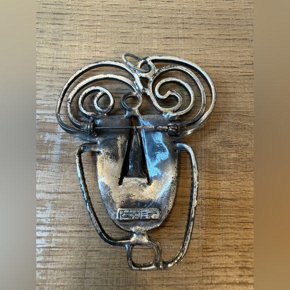 Vintage Modernist Abstract Face Brooch Silver Tone Artisan Pin - Picture 2 of 4